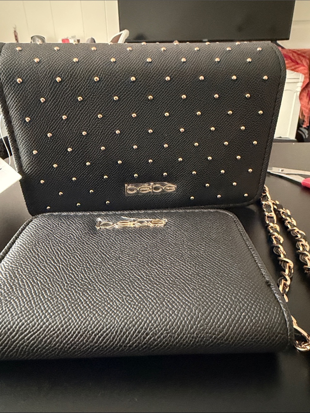 bebe Black Studded Crossbody with Gold Chain